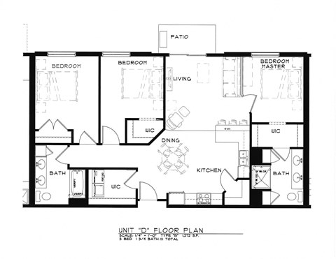 Floor plan for 3 beds, 1.8 baths, 1272 sqft